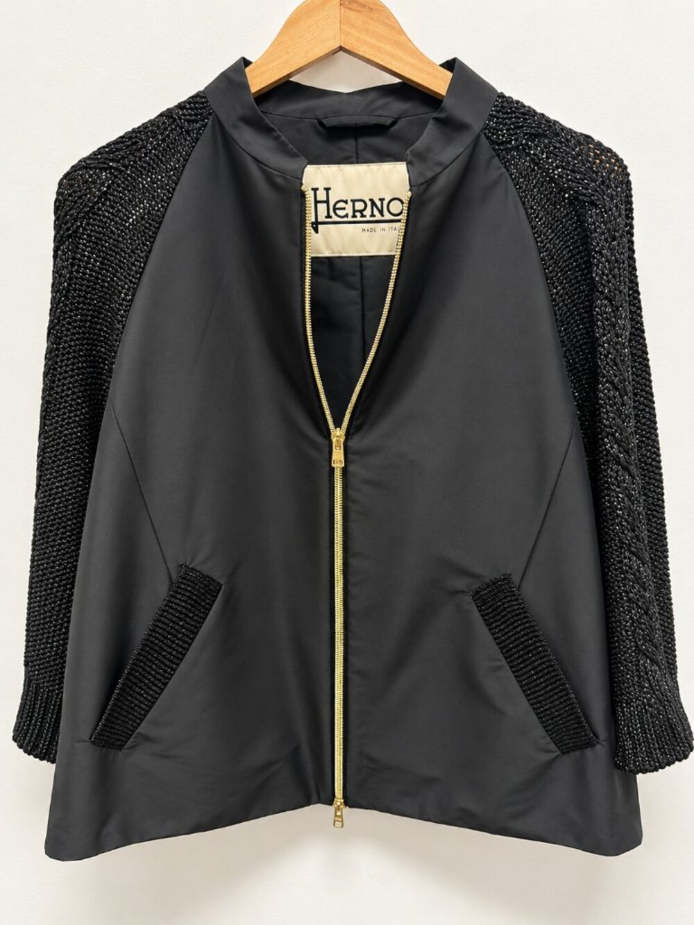 HERNO Women’s Black Jacket Size 40 Metallic Knit Sleeves Gold Zip Italy